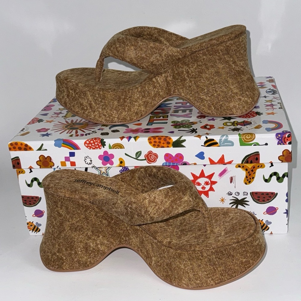 Jeffrey Campbell Drippi Platform Flip Flop Sandal Tan Denim Brown Women’s Size 5 - Picture 5 of 6